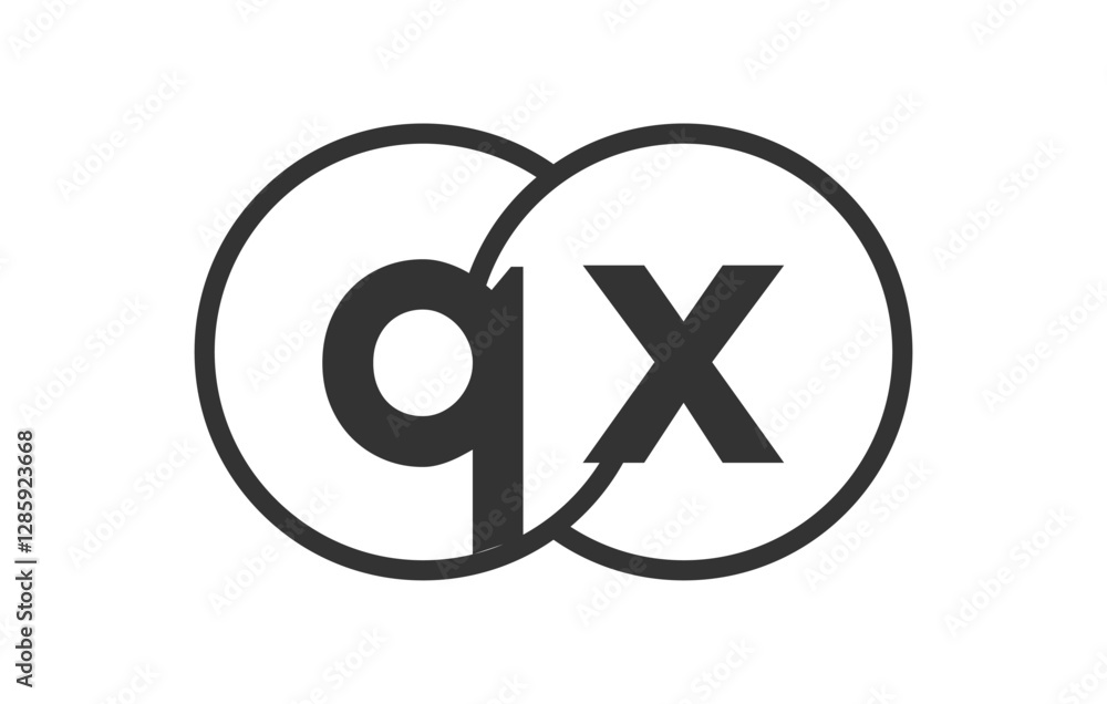 QX business company emblem with outline rounds and letters q x. Logo template of two merged circles for brand identity, logotype. Vector Infinity symbol QX business company emblem with outline rounds and letters q x. Logo template of two merged circles for brand identity, logotype. Vector Infinity symbol