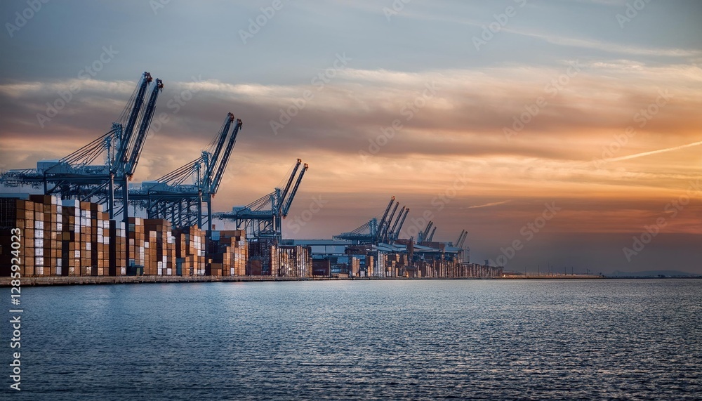 Shipping containers lined up at a busy port during sunset with cranes in the background Shipping containers lined up at a busy port during sunset with cranes in the background