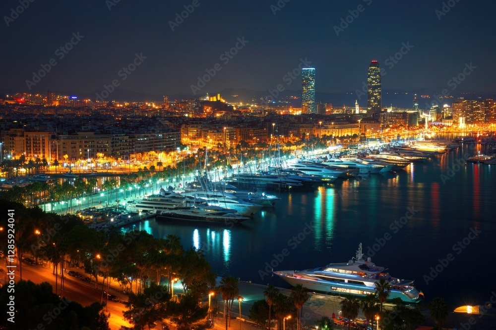 Fototapeta premium A busy harbor with many boats docked and lit up at night