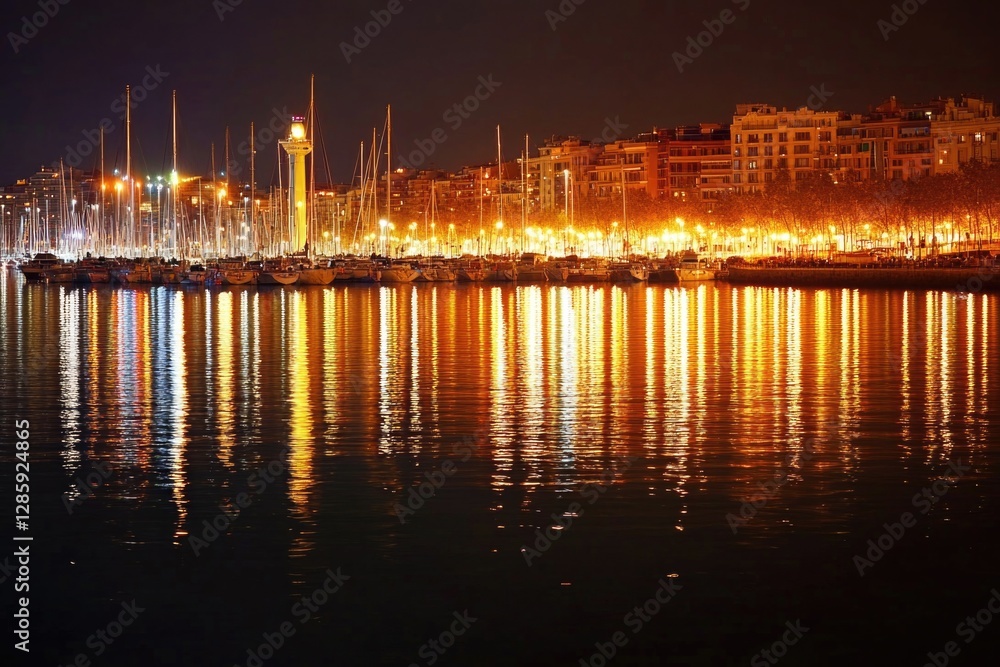 Fototapeta premium A nighttime harbor scene with lights reflected in the water
