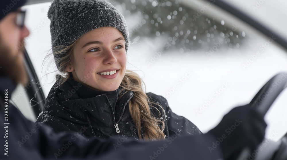 Student driver practicing driving lessons in snowy weather Student driver practicing driving lessons in snowy weather