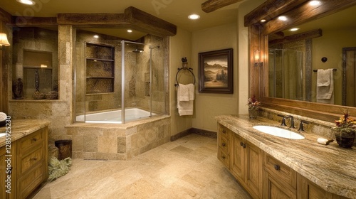 A minimalist bathroom featuring stone countertops, wooden accents, and earth tones.