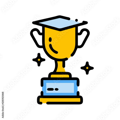 Cheerful trophy illustration with graduation cap, celebration of achievement