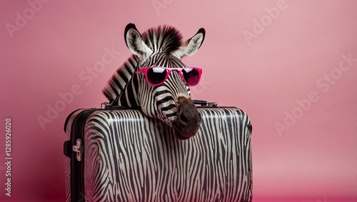 Traveling in Africa, Safari. Zebra with a suitcase, trip to the bush. 