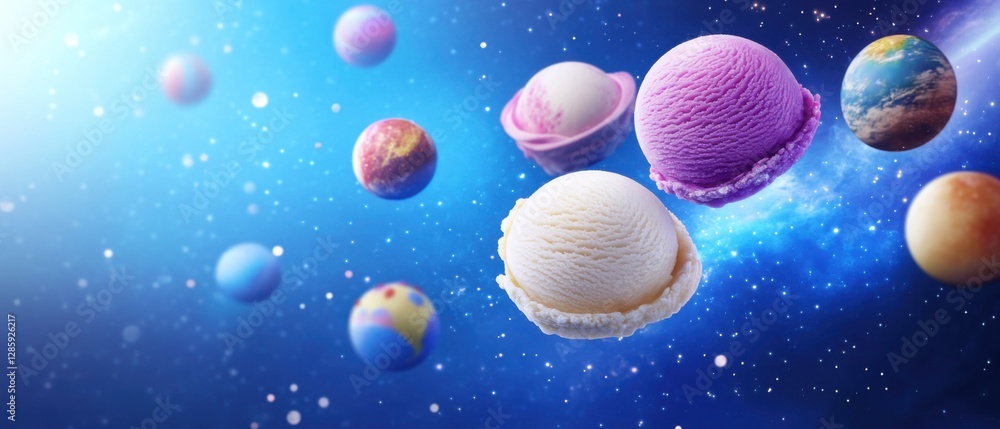 Colorful Ice Cream Scoops Floating in a Cosmic Background Colorful Ice Cream Scoops Floating in a Cosmic Background