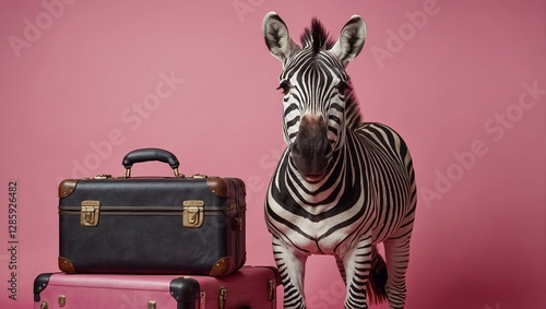 Traveling in Africa, Safari. Zebra with a suitcase, trip to the bush. 