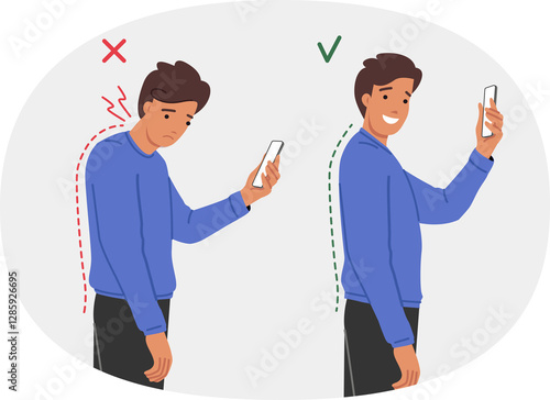 Obraz na płótnie Neck clamp in man with poor posture due to frequent mobile phone use and digital addiction. Problems with posture and spinal curvature in young guy who needs help of chiropractor or massage therapist w salonie