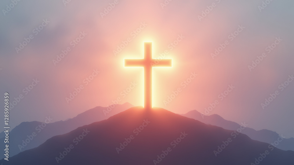A serene sunrise with a Christian cross silhouetted against the mountain horizon. A serene sunrise with a Christian cross silhouetted against the mountain horizon.