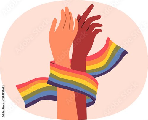 Obraz na płótnie Hands of non-binary couple holding LGBT flag symbolizing love and unity between transgender and gay or lesbian. Pride month concept to promote the idea of tolerance towards LGBT people. w salonie