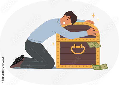 Man investor hugs chest of money, rejoicing at accumulation of large capital through trading. Successful investor guy got rich by trading shares on stock exchange and became millionaire