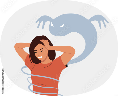 Картината върху платно Panic attack in woman due to mental health problems and hallucinations in form of monsters