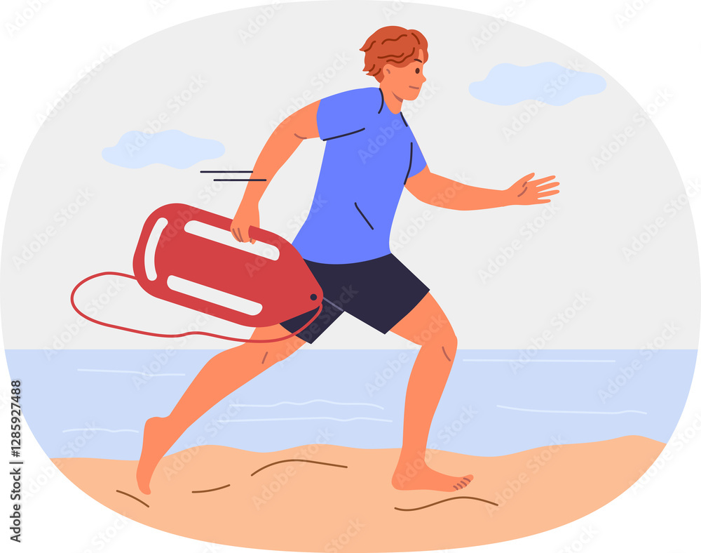 Man lifeguard runs along beach to save life of man in need of help is drowning in sea. Guy works as lifeguard at summer resort and hurries to provide first aid to people cannot swim.