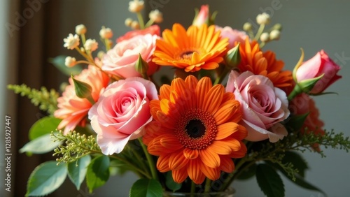 A vibrant bouquet of pink roses and orange gerbera daisies arranged with lush greenery, bathed in soft sunlight, creates a beautiful and cheerful floral display.