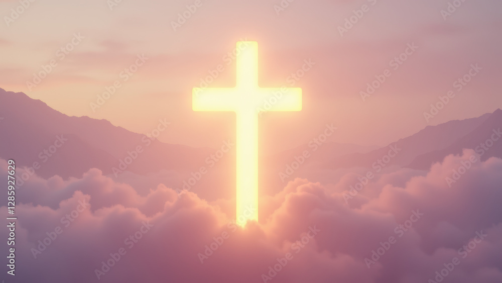 Sunlight illuminates a Christian cross against a dramatic sky with clouds below. Sunlight illuminates a Christian cross against a dramatic sky with clouds below.
