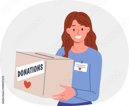 Fotografie Woman volunteer holds donations box to collect money for people who have lost jobs or become homeless