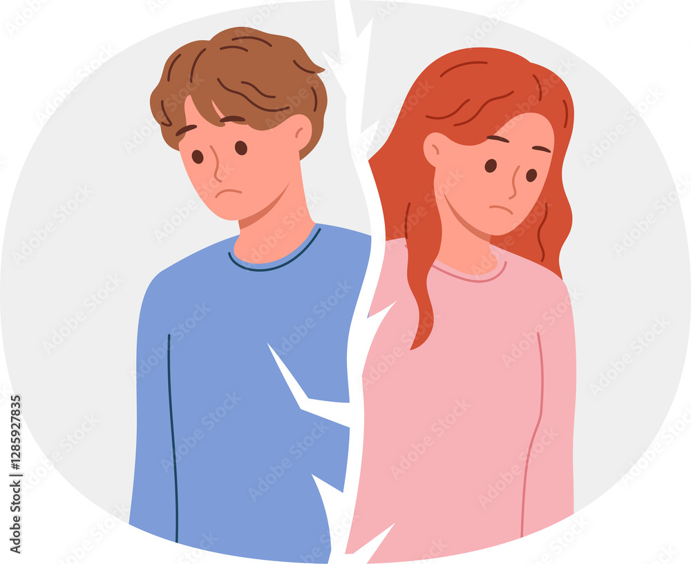 Broken couple of man and woman cannot be together due to mutual grievances or lack of money for wedding. Crack between couple of boyfriends and girlfriend appeared after betrayal or adultery Broken couple of man and woman cannot be together due to mutual grievances or lack of money for wedding. Crack between couple of boyfriends and girlfriend appeared after betrayal or adultery