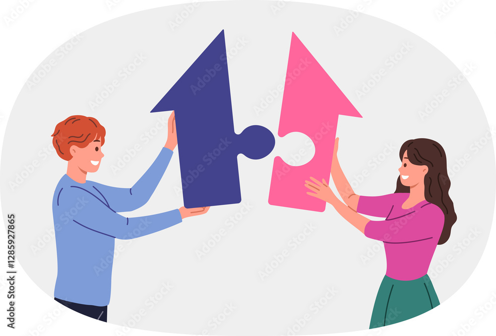 Buying family property by couple of man and woman putting together large puzzle in shape of house. Happy young people strive to rent apartment or buy house to improve living conditions