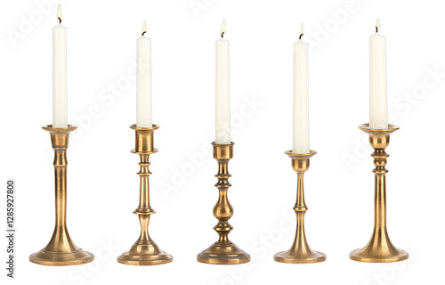 Five ornate brass candle holders with lit taper candles on transparent background