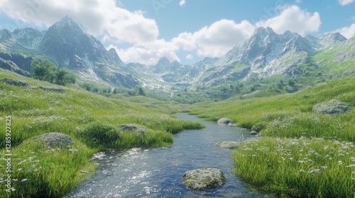 Sunny Alpine Valley, crystal stream, wildflowers, majestic peaks photo