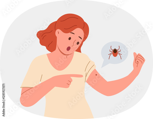 Infectious tick bitten woman hand and is sucking blood, risking infecting with dangerous disease or infection. Deer tick bite spreading illnesses and threatening life of shocked girl