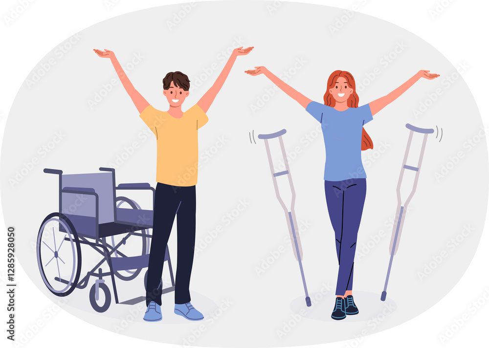 Fototapeta premium People with disabilities celebrate end of rehabilitation and recovery, stand near crutches and wheelchair. Man and woman with disabilities healed after receiving massage therapy or new medications
