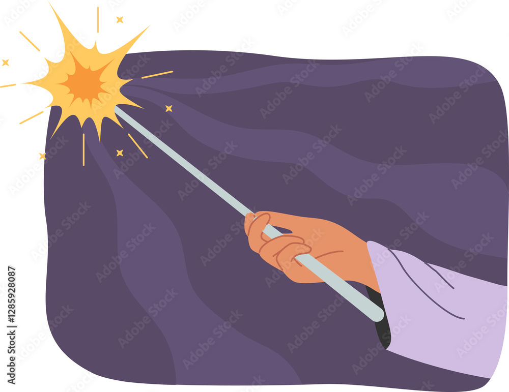 Magic wand in hand of sorcerer casting spell and creating flash of light symbolizing miracle. Student at school of witchcraft and wizardry uses magic wand to illuminate path in dark.