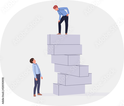 Successful business man stands on top and looks down at loser colleague who does not want to develop. Leader and top manager feels strength and superiority over less fortunate employee of company