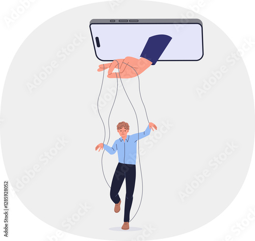 Manipulation of person using social networks and applications in mobile phone, with hand controlling man like puppet. Problems of digital manipulation and disinformation or propaganda on internet