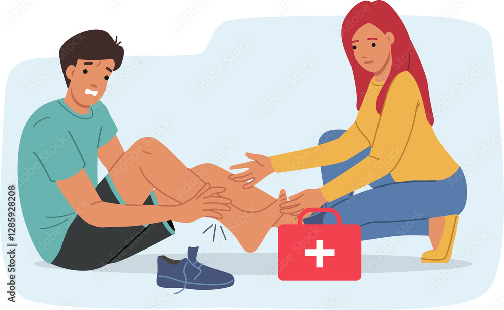 Woman refuses first aid to man with leg injury after accident during sports training. First aid suitcase near girl helping person in steam room who feels pain due to broken bone or dislocation