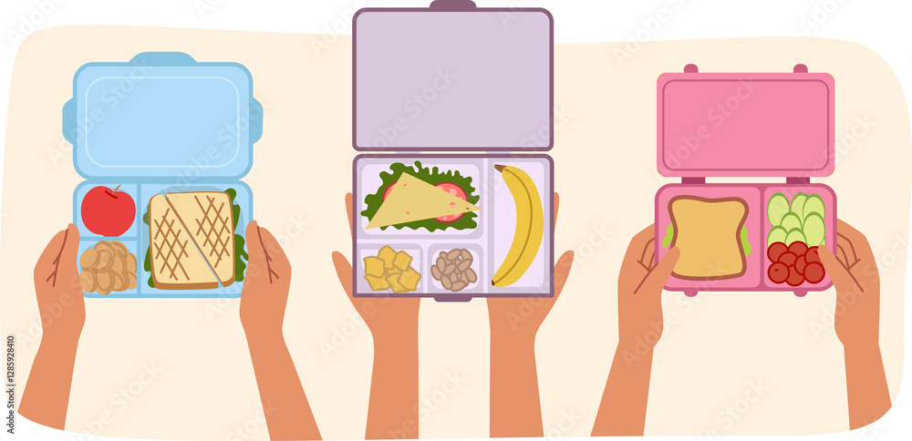 Lunch boxes with breakfast in hands of people eating sandwiches and fruits or vegetable salads. Lunch boxes for meals at work, to avoid fast food consumption that negatively affects health