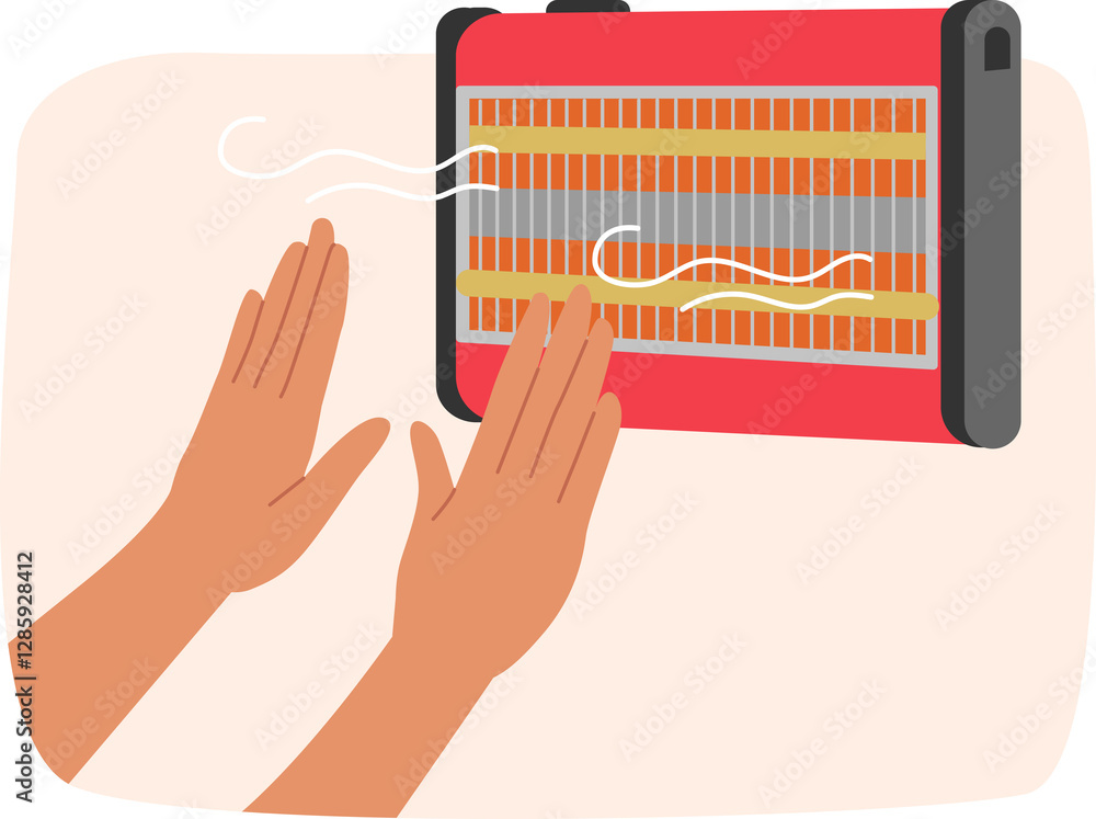 Hands near electric heater that allows to stay warm in cold winter weather and avoid colds. Hot air comes from electric heater, warming frozen person after walk in sub-zero temperatures
