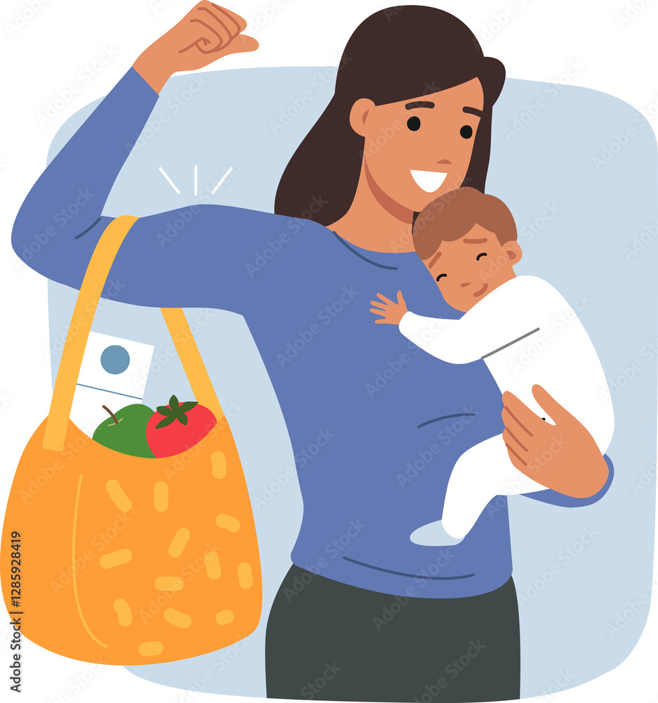 Strong woman, mother of baby, holds sleeping son in hand and carries bag with shopping and supermarket. Mother demonstrates skills of simultaneously traveling to grocery store or raising children