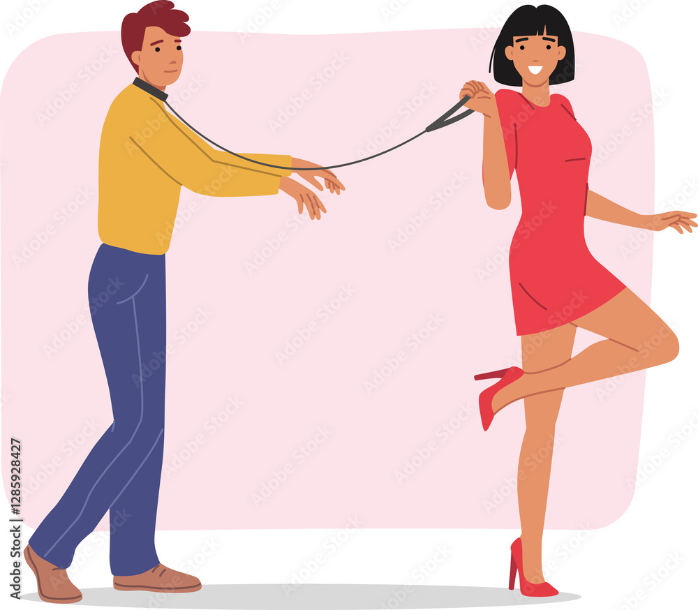 Toxic relationship between man and woman leading boyfriend on leash, showing dominance. Girl uses dominance to keep groom and avoid losing control over relationship or family life.