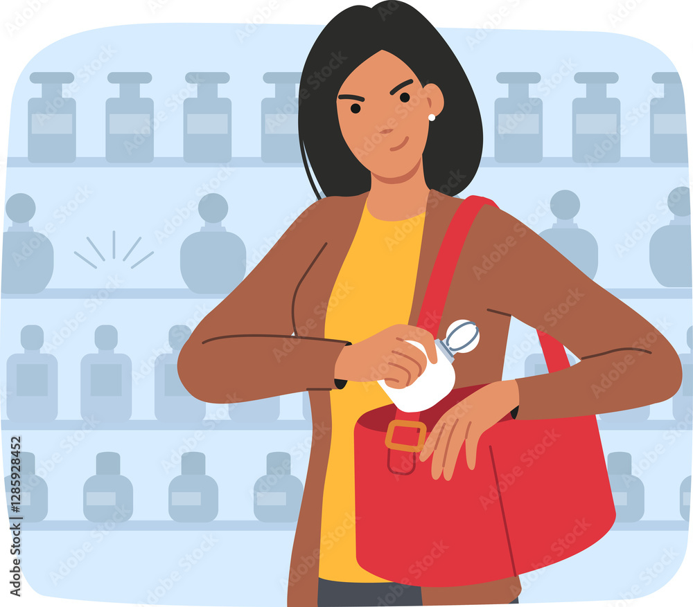 Woman thief is engaged in shoplifting, puts perfume in bag, standing near store window. Bad buyer violates law and uses shoplifting to reduce costs and receive cosmetics without paying