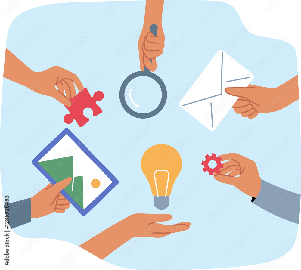 Students hands demonstrate teamwork, different tools for team brainstorming and finding solution. Teamwork and synergy thanks to trust between people and absence disagreements in achieving common goal