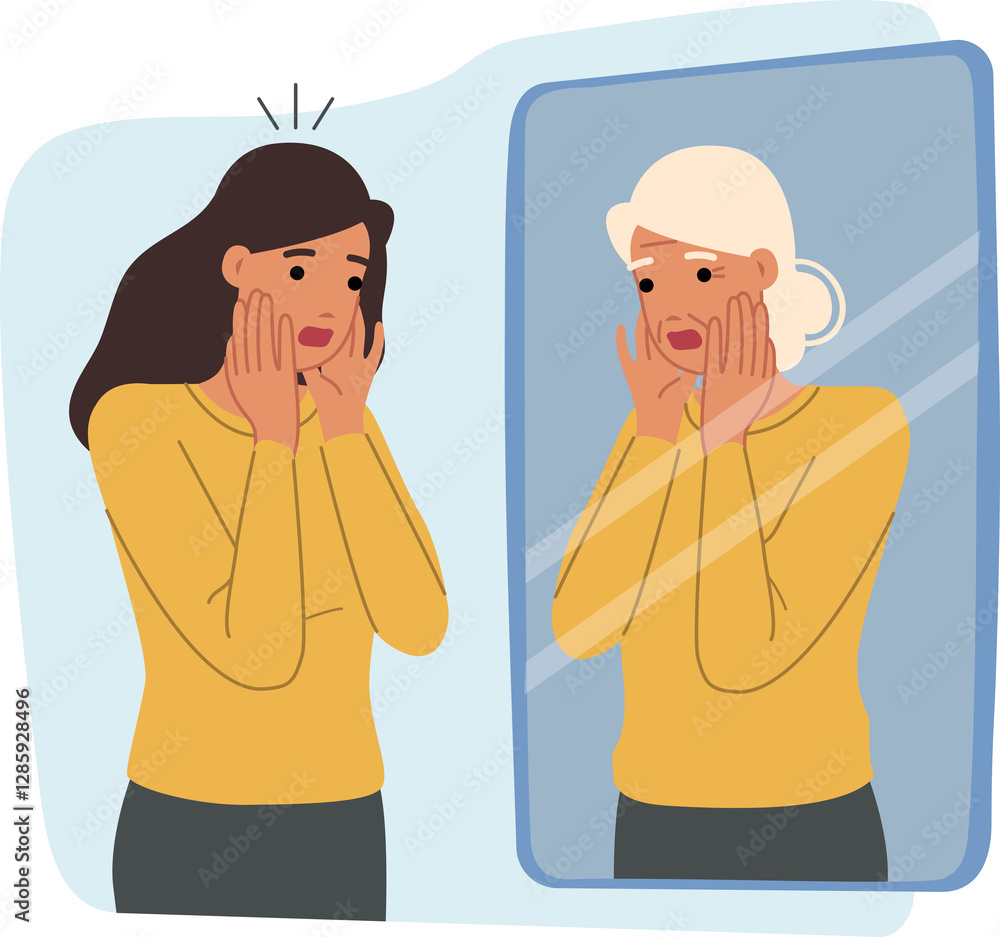 Woman experiences fear of aging, looks in mirror and sees gray hair and wrinkles on face. Psychological trauma causes fear of aging in girl who needs help of psychotherapist or antidepressants