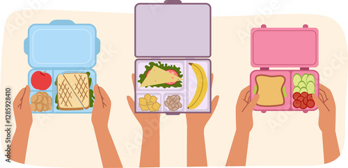 Obraz na płótnie Lunch boxes with breakfast in hands of people eating sandwiches and fruits or vegetable salads. Lunch boxes for meals at work, to avoid fast food consumption that negatively affects health w salonie