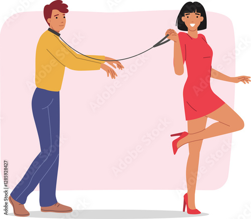 Obraz na płótnie Toxic relationship between man and woman leading boyfriend on leash, showing dominance. Girl uses dominance to keep groom and avoid losing control over relationship or family life. w salonie