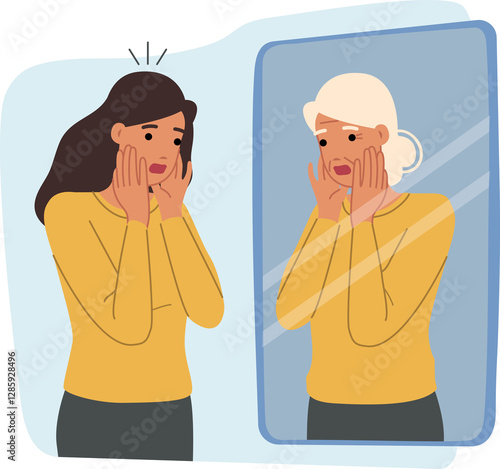 Obraz na płótnie Woman experiences fear of aging, looks in mirror and sees gray hair and wrinkles on face. Psychological trauma causes fear of aging in girl who needs help of psychotherapist or antidepressants w salonie
