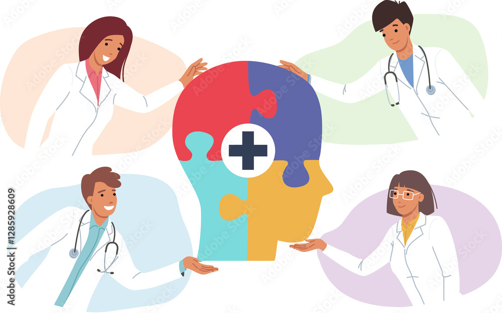 Group of neuroscientists is working on studying brain and improving memory or developing intelligence. Doctor neuroscientists in white coats stand near head made of puzzle fragments