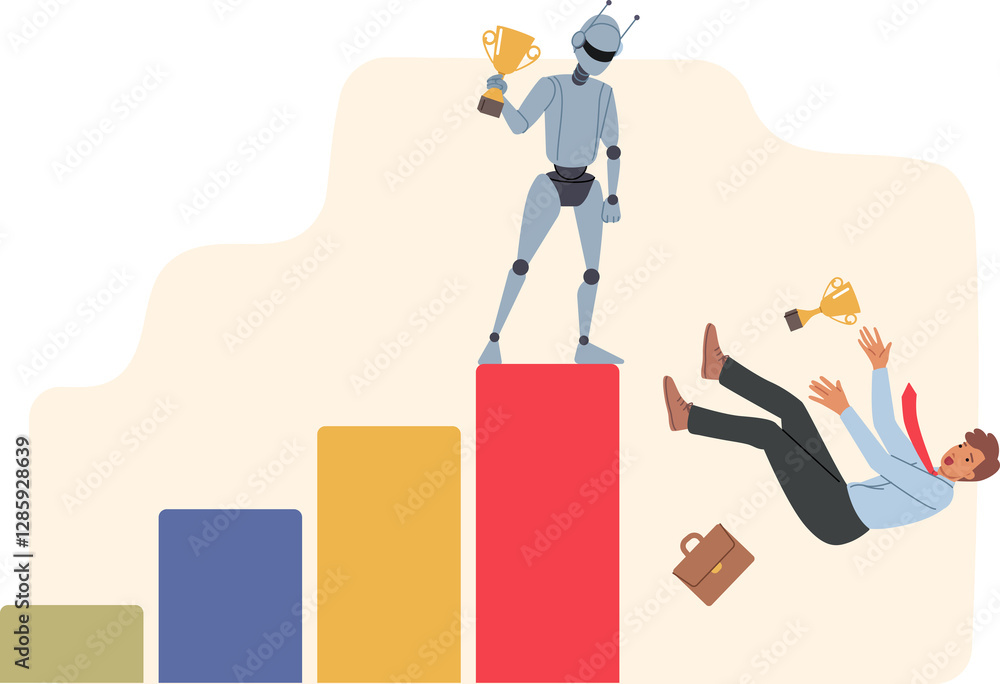 Staff layoffs caused by introduction of robot, show man falling from chart with humanoid cyborg on top. Robot with artificial intelligence displaced clerk due to its high productivity