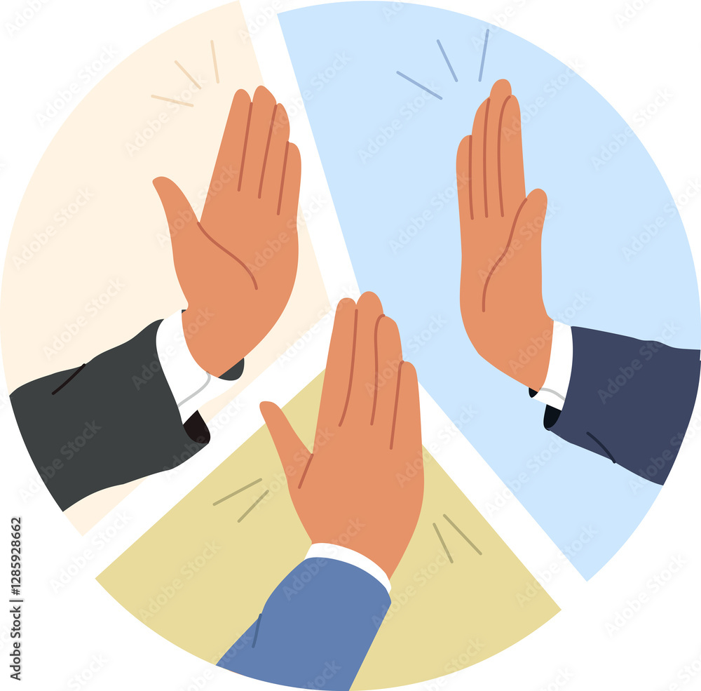 Hands of business people showing synergy and high-fiving inside statistical diagram, thanks to successful partnership. Corporate synergy of office managers working together to achieve ideal results