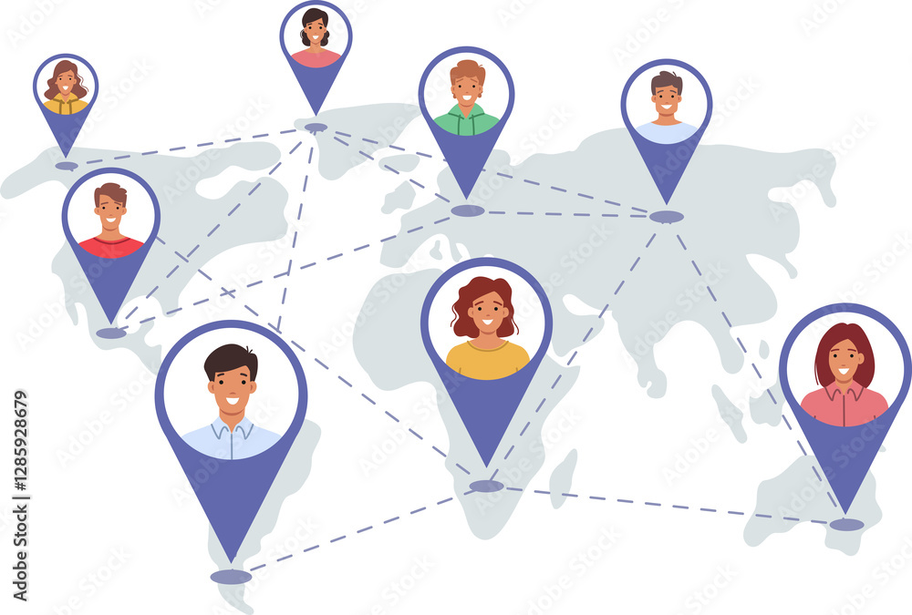 International community people from different countries, marked on global map with GPS tags. International group students studying together at online university and receiving online education