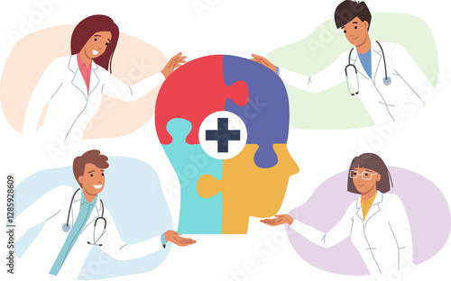 Obraz na płótnie Group of neuroscientists is working on studying brain and improving memory or developing intelligence. Doctor neuroscientists in white coats stand near head made of puzzle fragments w salonie