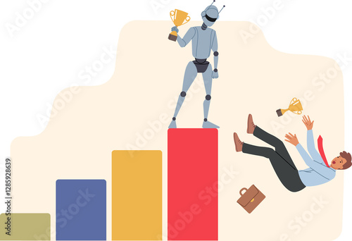 Obraz na płótnie Staff layoffs caused by introduction of robot, show man falling from chart with humanoid cyborg on top. Robot with artificial intelligence displaced clerk due to its high productivity w salonie