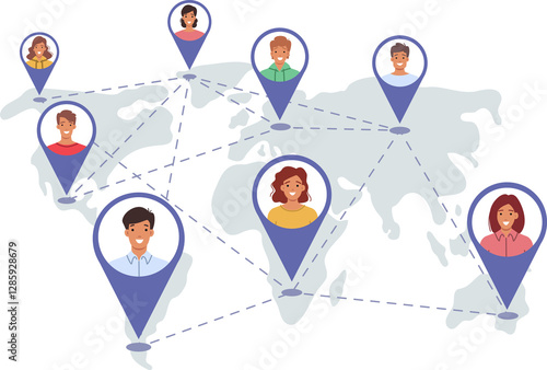 International community people from different countries, marked on global map with GPS tags. International group students studying together at online university and receiving online education