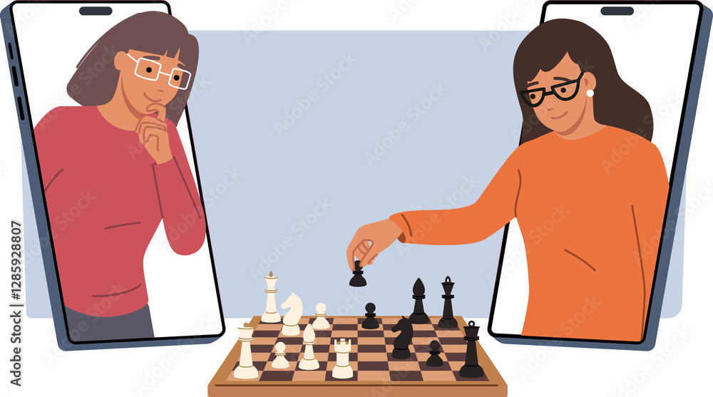 Two women play chess through mobile application on smartphones to practice strategic thinking. Online chess game for young girls demonstrating high intelligence in online tournament
