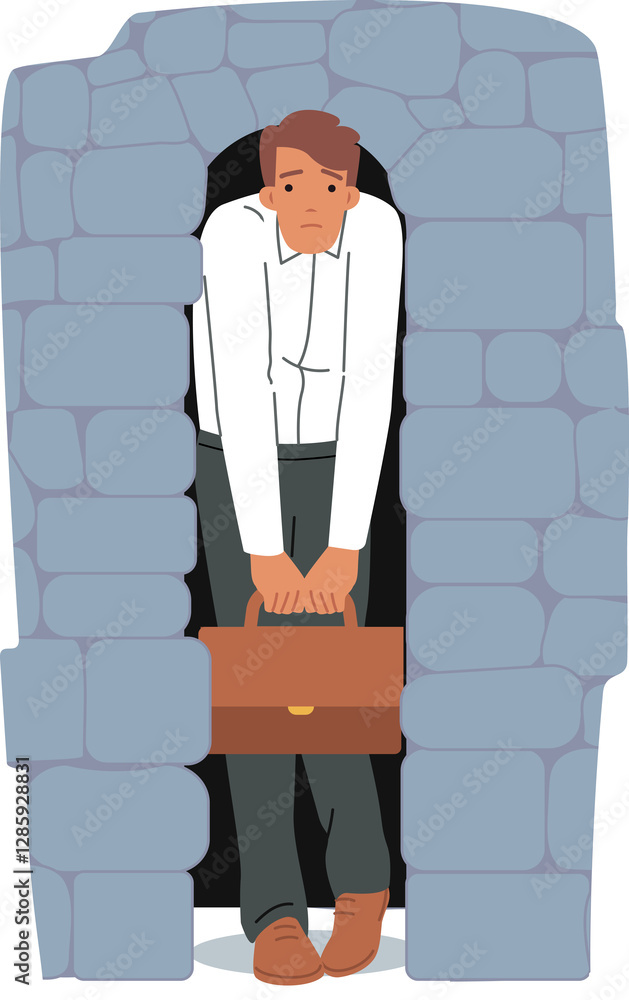 Depressed business man stands in narrow stone doorway symbolizing pressure of circumstances. Frustrated manager suffering from pressure caused by poor working conditions in corporation
