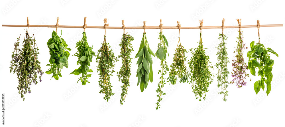 Photo of a variety of hanging herbs on a wooden stick, isolated on a white background with copy space
Photo of a variety of hanging herbs on a wooden stick, isolated on a white background with copy space