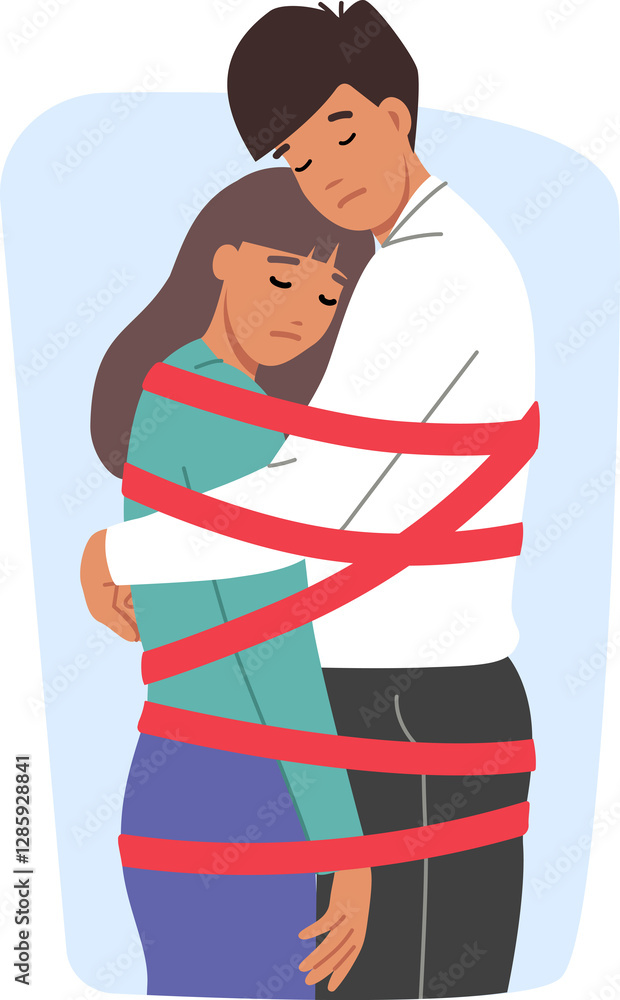 Toxic relationship between man and woman tied with rope and feeling restricted or depressed. Problem of control in toxic relationship among lovers who need help of family therapist to avoid divorce